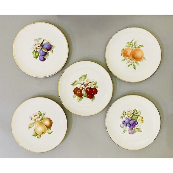 Vintage Hutschenreuther Selb Bavaria Set 5 Fruit Orchard Dessert Plates 8” Gold - Picture 1 of 9